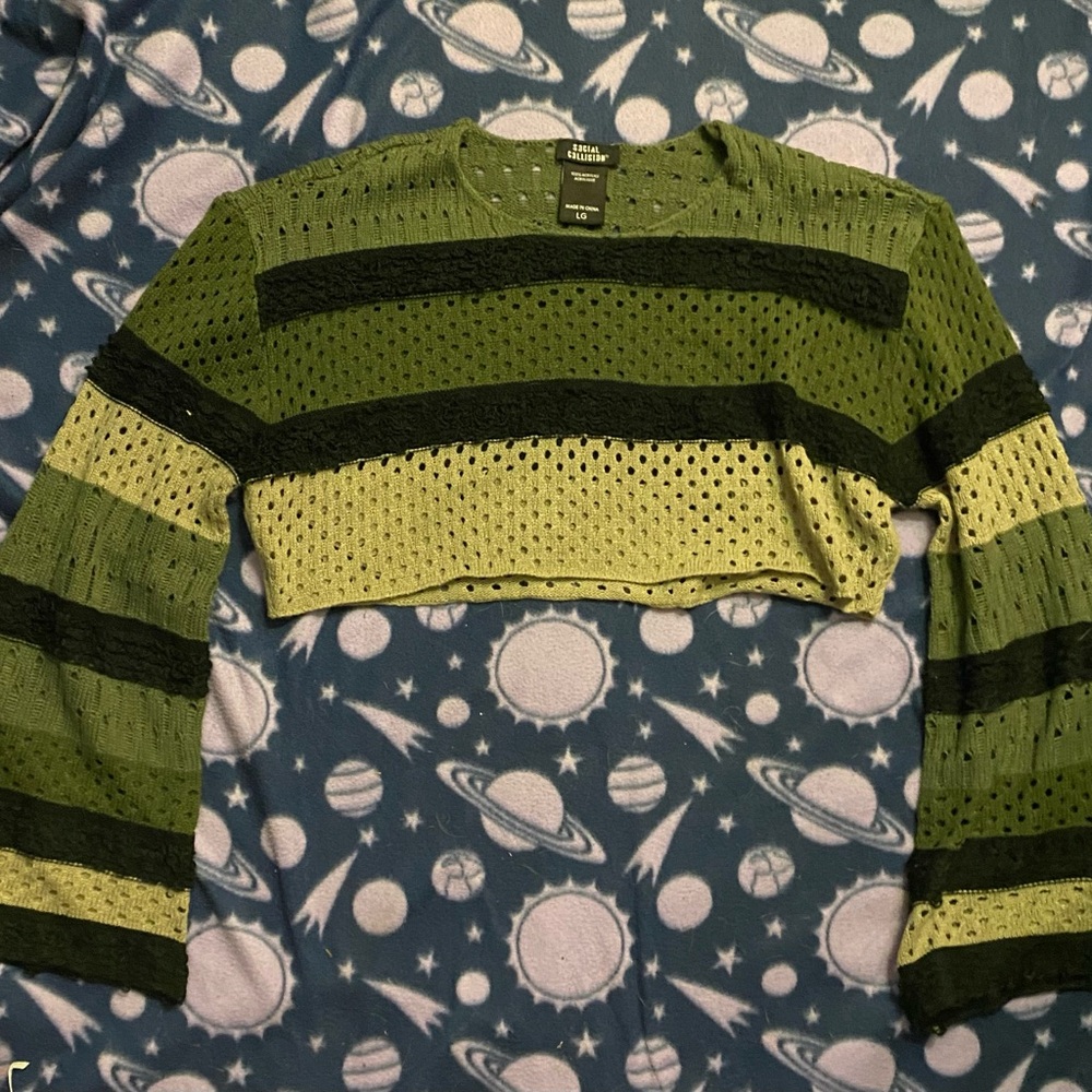 Hot Topic Social Collision Green and Black Striped Cropped Sweater